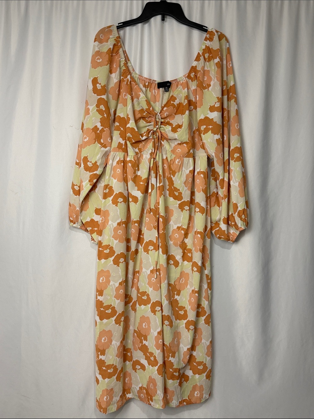 SBetro Plus Size 2XL Floral Boho Maxi Dress Lantern Sleeve Ruched Bust